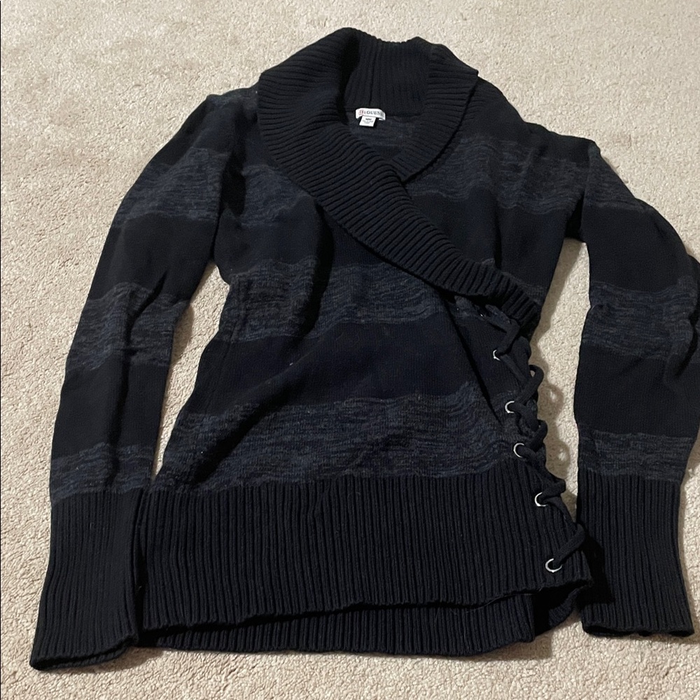 GUESS Cable-Trim Shawl Collar Sweater - Black/Charcoal
